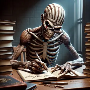 DALL·E 2024 02 10 12.05.47 Create an image of a character inspired by the iconic Eddie from Iron Maiden seated at a table signing books. The figure should have a skeletal appea