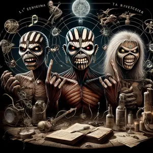 DALL·E 2024 04 13 14.19.38 Create an image that features three distinct versions of Eddie the mascot of Iron Maiden each hinting at different eras or albums of the band. Inclu