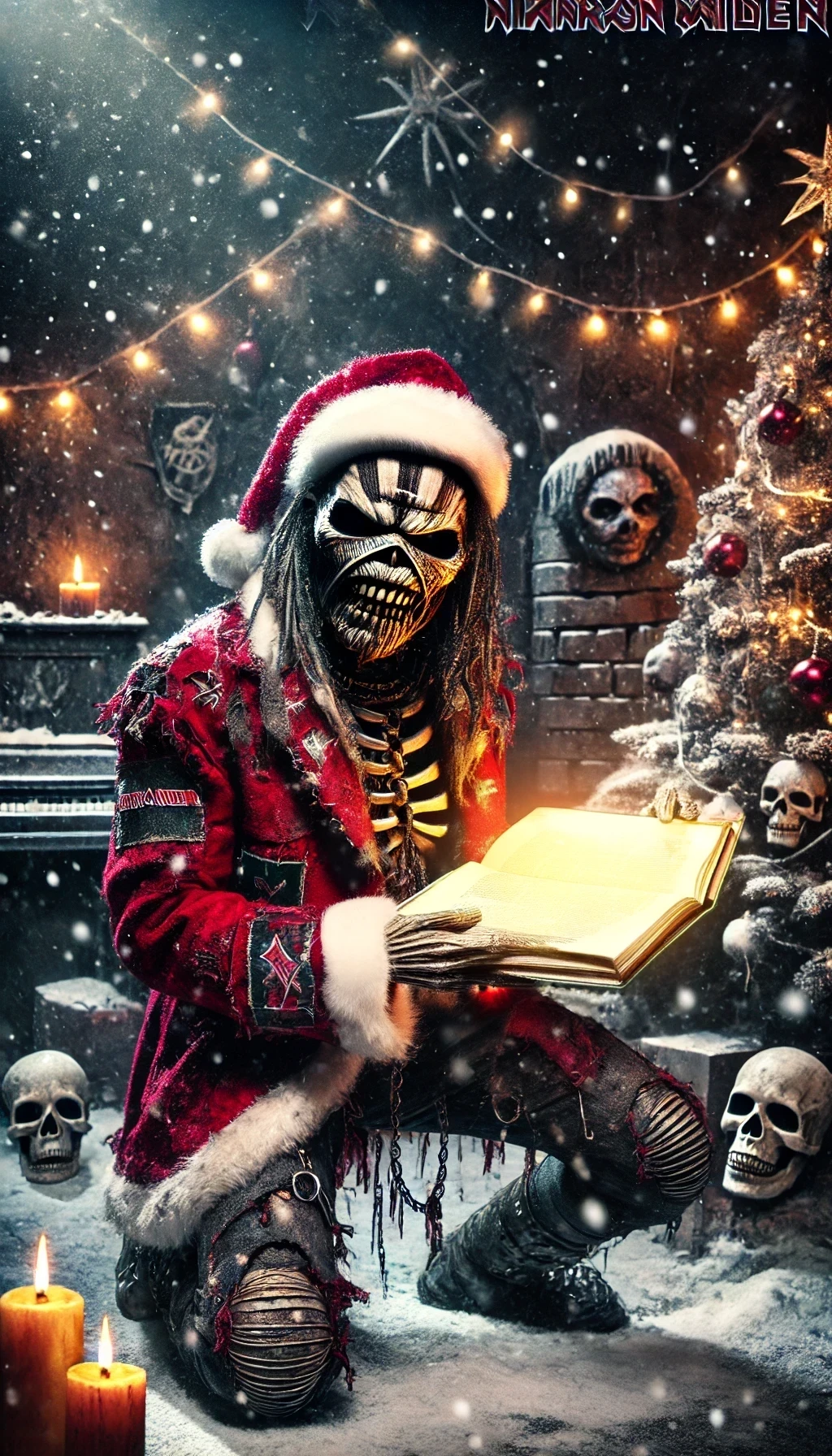 A monstrous zombie like figure resembling Eddie from Iron Maiden dressed in a metal themed Christmas outfit. Eddie wears a tattered Santa hat and a