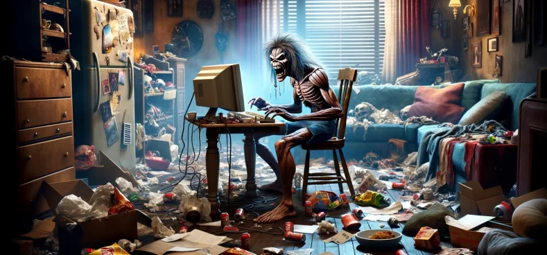 DALL·E 2024-02-23 15.52.33 - Envision a 16_9 scene with a character reminiscent of the iconic Eddie from Iron Maiden. He is engaged with a computer in a cluttered, messy lounge ro